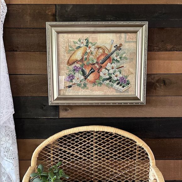 “Floral Harmony "14" x11" Cross Stitch Completed Silver Framed Violin Piano - Picture 1 of 7